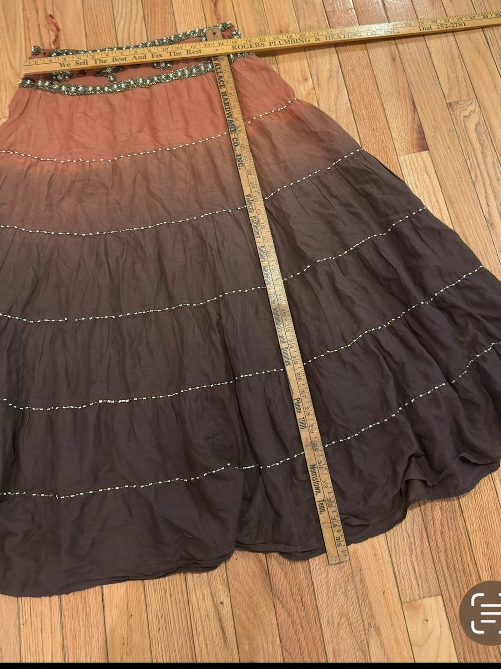 VTG Beaded Cross Ombre Tiered Midi Skirt in Rust-Brown boho - Picture 3 of 5